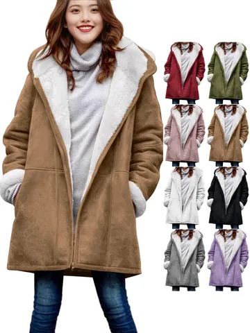 Women Casual Hooded Mid-Length Coat Thick Sherpa Lined Fleece Jacket Winter Warm Outerwear Plain Loose Zip Up Top