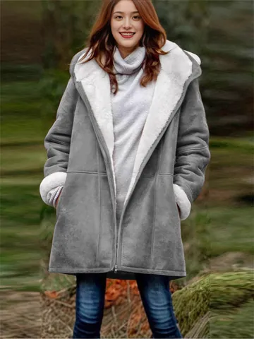 Women Casual Hooded Mid-Length Coat Thick Sherpa Lined Fleece Jacket Winter Warm Outerwear Plain Loose Zip Up Top
