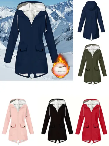 Women's Outdoor Hooded Jacket Waterproof Windproof Fleece Lined Hiking Coat Warm Winter Outerwear Long Sleeve Top
