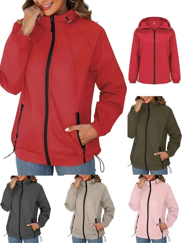 Women's Lightweight Outdoor Windbreaker Jacket Hooded Zip Up Thin Casual Windproof Coat Solid Color Long Sleeve Outwear