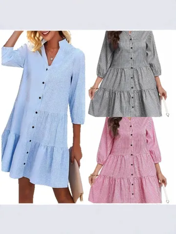 Women Casual Gingham Plaid Stand Collar Shirt Dress Polyester Tiered Hem Single Breasted Half Sleeve Midi Dress
