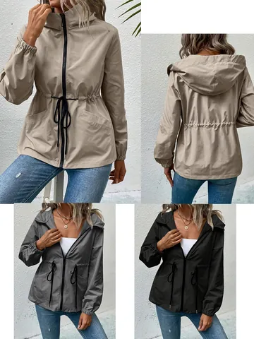Women's Waterproof Windbreaker Jacket Hooded Drawstring Waist Outdoor Climbing Long Sleeve Loose Fit Polyester Outerwear Top