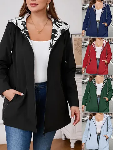Women's Lightweight Outdoor Hooded Windbreaker Jacket With Floral Lining Drawstring Waist Plus Size Polyester Top For Casual Travel
