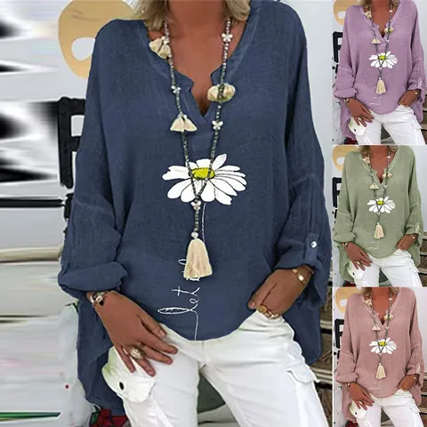 Women V Neck Cotton Blouse Loose Casual Long Sleeve Shirt With Daisy Butterfly Dandelion Print Plus Size Top For Autumn