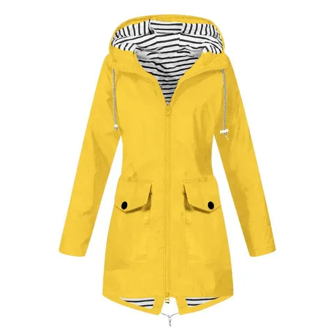 Women's Outdoor Waterproof Windbreaker Jacket Hooded Mid-Length Top With Stripe Lining Drawstring And Pockets