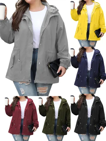 Women Plus Size Outdoor Hooded Jacket Waterproof Windproof Drawstring Waist Hiking Jacket Long Sleeve Solid Color Outerwear Top
