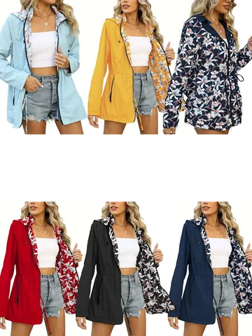 Women Slim Fit Waterproof Hooded Windbreaker Jacket Printed Floral Lining Outdoor Windproof Trench Coat Top