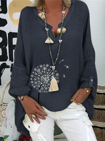Women's Casual V-Neck Long Sleeve Blouse Loose Floral Printed Shirt Dandelion Pattern Top Autumn Fashion Clothing
