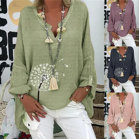 Women's Casual V-Neck Long Sleeve Blouse Loose Floral Printed Shirt Dandelion Pattern Top Autumn Fashion Clothing