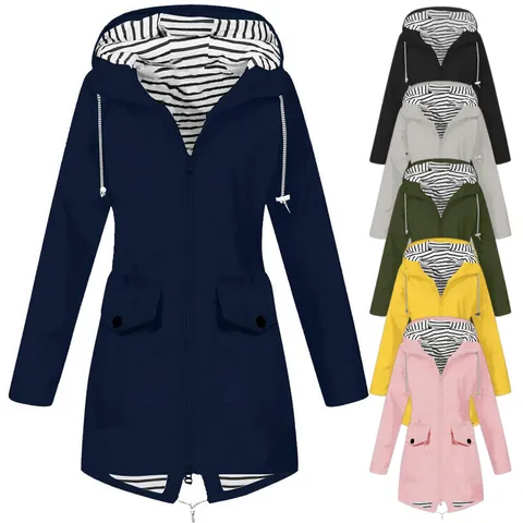 Women's Outdoor Waterproof Windbreaker Jacket Hooded Mid-Length Top With Stripe Lining Drawstring And Pockets