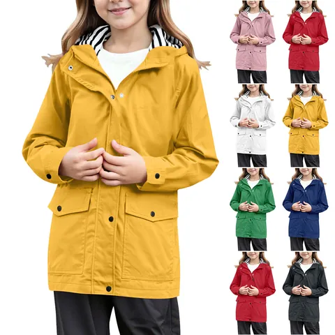 Giacca a Vento con Cappuccio per Ragazze Poliestere Outdoor Casual Top Con Fodera a Righe Cappotto Antivento per Bambine