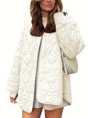 Women's Casual Quilted Padded Jacket Crew Neck Single Breasted Loose Mid-Length Coat Lightweight Solid Color Winter Outerwear