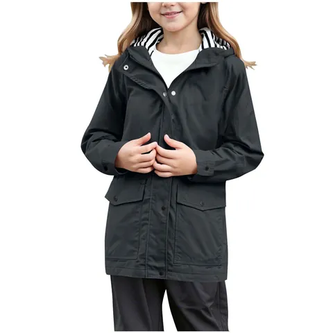 Giacca a Vento con Cappuccio per Ragazze Poliestere Outdoor Casual Top Con Fodera a Righe Cappotto Antivento per Bambine