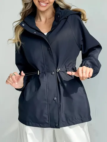 Women's Casual Hooded Waterproof Trench Coat Windproof Outdoor Jacket Adjustable Waist Drawstring Polyester Top Outwear