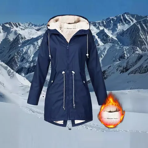 Women Mid-Length Fleece Lined Hooded Outdoor Jacket Polyester Windproof Drawstring Waist Padded Coat Warm Top For Winter