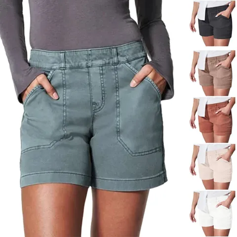 Pantalones Cortos Casuales para Mujer Moda Bolsillos Simples Levantamiento de Glúteos Alta Elasticidad Sarga Verano Cintura Media Parte Inferior Delgada para Viaje Diario
