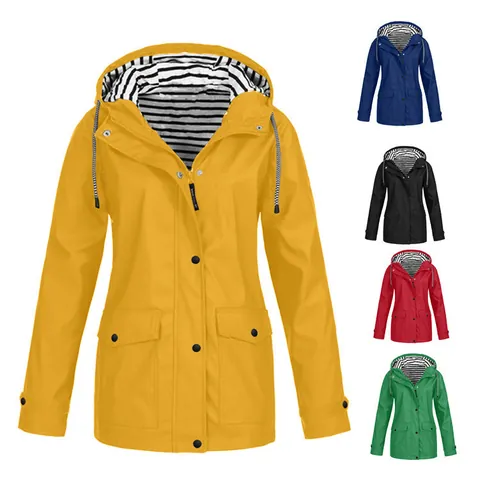 Women Hooded Hiking Jacket Waterproof Outdoor Windbreaker Coat With Stripe Lining Loose Fit Long Sleeve Top For Autumn Winter