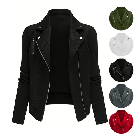 Giacca da Donna in Stile Moto Casual Tessuto in Peluche Strutturato Manica Lunga Colletto a Revers Cappotto con Cerniera Obliqua Tinta Unita Top