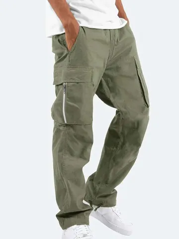 Men's Casual Cargo Pants Multi Pockets Zipper Decor Drawstring Hem Straight Leg Solid Color Polyester Outdoor Fashion Trousers