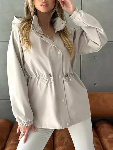 Women's Casual Hooded Waterproof Trench Coat Windproof Outdoor Jacket Adjustable Waist Drawstring Polyester Top Outwear