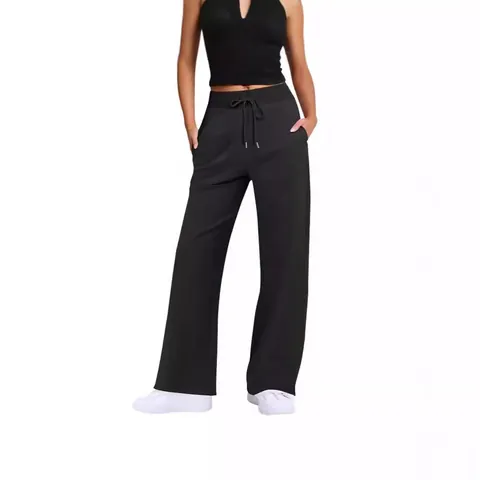 Damen Hohe Taille Kordelzug Freizeithose Lässig Weites Bein Einfarbig Polyester Strickhose Bequeme Loungehose