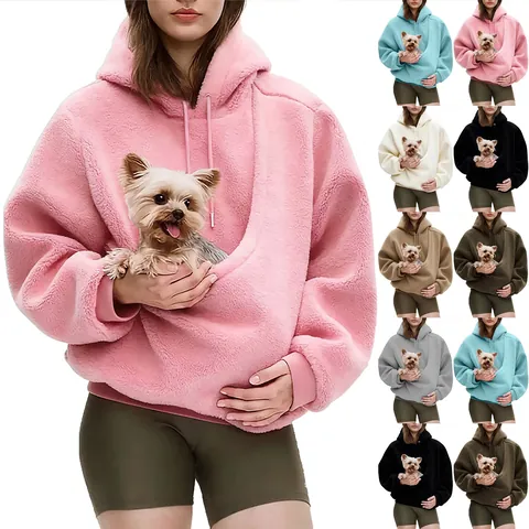 Dames Warme Pluche Huisdierzak Hoodie Alpacawol Effen Kleur Losse Pullover Sweatshirt Voor Hond Kat Vervoerder Met Capuchon Top