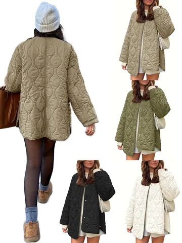 Women's Casual Quilted Padded Jacket Crew Neck Single Breasted Loose Mid-Length Coat Lightweight Solid Color Winter Outerwear