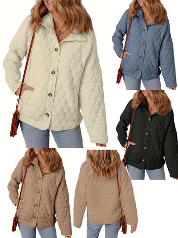 Women Quilted Jacket 2025 Autumn Winter European Style Solid Color Round Neck Loose Padded Coat Button Front Outerwear Top