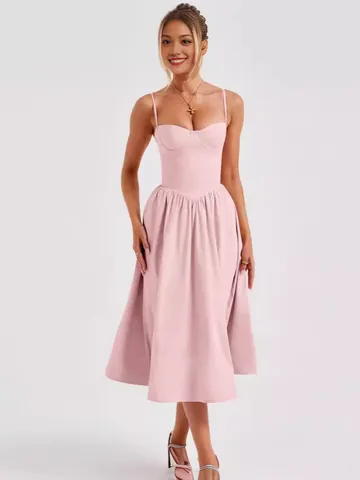 French Retro Palace Style Polyester Bustier Spaghetti Strap Midi Dress For Women Summer Elegant Lace Up A Line Dress