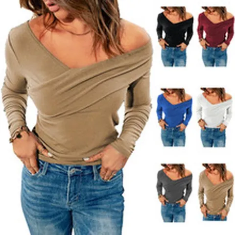 Women Sexy V Neck Off Shoulder Wrap Top Long Sleeve Ribbed Knit Solid Color Slim Fit T-Shirt Casual Fall Winter Fashion Blouse