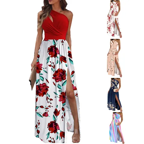 Robe Longue pour Femmes Une Épaule Découpée Dégradée Fente Haute Élégante Imprimé Floral Sans Manches pour Fête