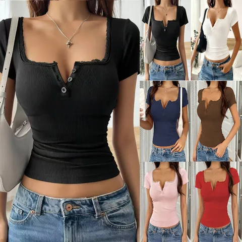 Women's Sexy V Neck Ribbed T-Shirt Lace Trim Button Slim Fit Short Sleeve Top Summer Elegant Solid Color Casual Tee Blouse