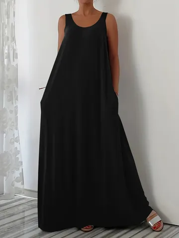 Damen Casual Ärmelloses Maxikleid Große Größen Locker U-Ausschnitt Einfarbig Sommerkleid Mit Seitentaschen Gewebtes Strand Maxikleid