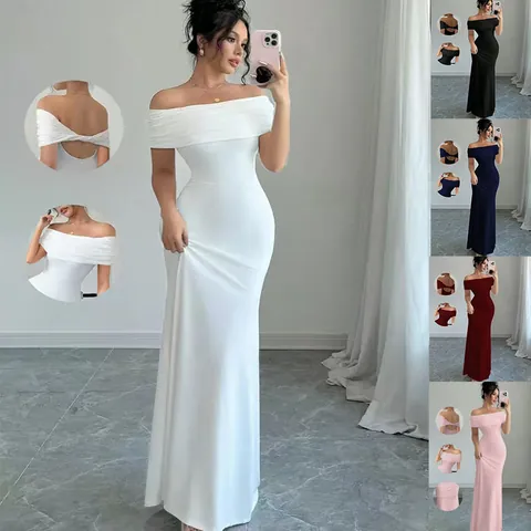 Women Sexy Off-Shoulder Sleeveless Slim Fit Knitted Bodycon Maxi Dress Elegant Solid Color Evening Party Cocktail Long Dress