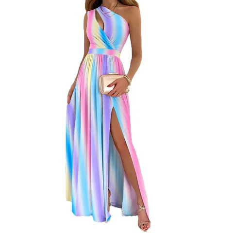 Robe Longue pour Femmes Une Épaule Découpée Dégradée Fente Haute Élégante Imprimé Floral Sans Manches pour Fête