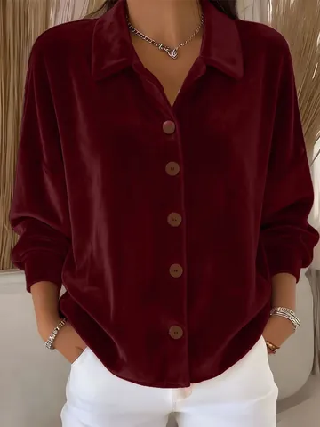 Damen Casual Goldener Samt Langarm Knopfleiste Hemdkragen Lockere Strickjacke Polyester Top Für Herbst Winter