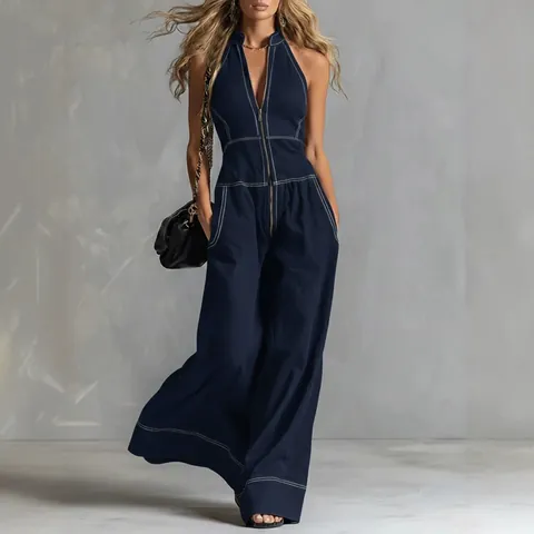 Damen Ärmelloser Jumpsuit Mit Stehkragen Lockerer Lässiger Büro-Stil Weites Bein Kontrastnähte Reißverschluss Vorne Polyester Einteiler