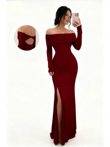 Women Elegant Off Shoulder Long Sleeve Maxi Dress High Slit Backless Hollow Out Twist Knot Bodycon Evening Party Dress