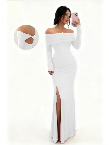 Women Elegant Off Shoulder Long Sleeve Maxi Dress High Slit Backless Hollow Out Twist Knot Bodycon Evening Party Dress