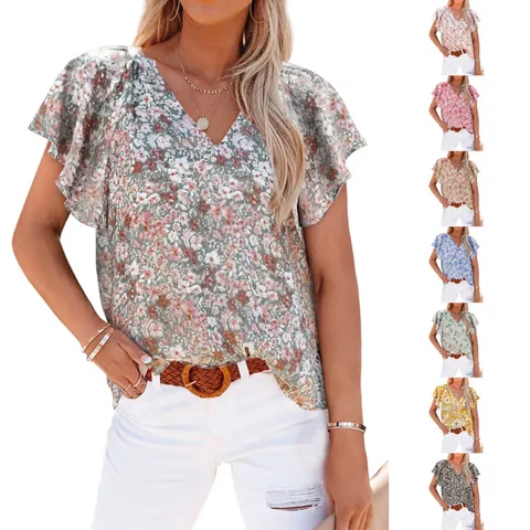 Women Summer V-Neck Floral Printed Short Sleeve Blouse Casual Loose Pullover Top With Petal Flutter Sleeves Polyester Shirt