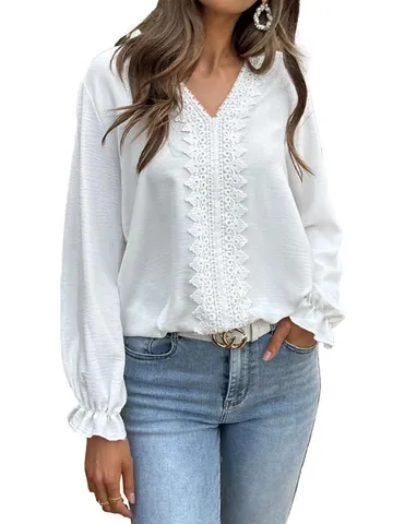 T-Shirt da Donna con Scollo a V e Patchwork in Pizzo Manica Lunga Casual Top in Poliestere con Polsini a Volant