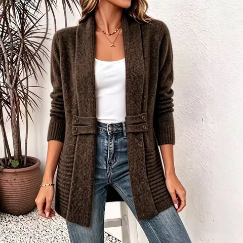 Γυναικεία Casual Ζακέτα με Διακοσμητική Ζώνη με Διπλή Σειρά Κουμπιών Χαλαρό Στυλ Μεσαίου Μήκους Πλεκτό Πουλόβερ Μακρυμάνικο