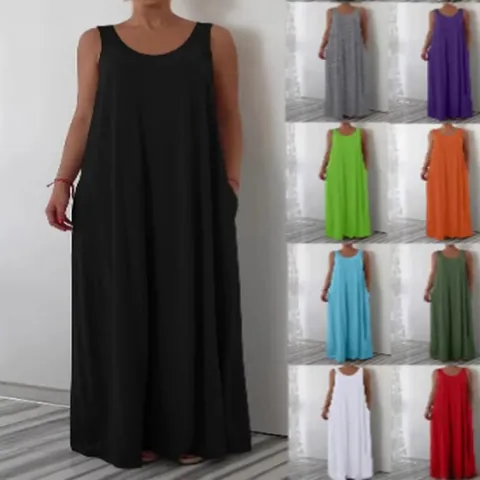 Damen Casual Ärmelloses Maxikleid Große Größen Locker U-Ausschnitt Einfarbig Sommerkleid Mit Seitentaschen Gewebtes Strand Maxikleid