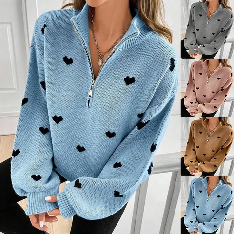 Maglione Donna in Misto Lana a Maglia con Motivo a Cuore e Mezza Cerniera Collo Alto Manica Lunga Casual Largo