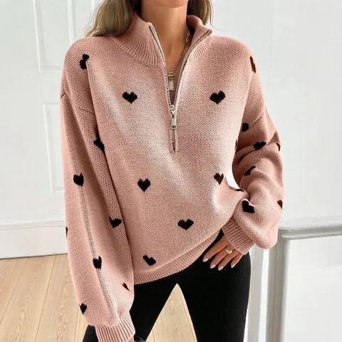Maglione Donna in Misto Lana a Maglia con Motivo a Cuore e Mezza Cerniera Collo Alto Manica Lunga Casual Largo