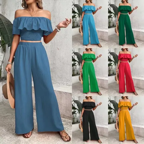 Damen Top Und Bottom Einfarbig Schulterfrei Gesmoktes Bandeau-Oberteil Rüschen Hohe Taille Weites Bein Hose Sommer Set