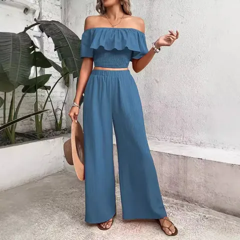 Damen Top Und Bottom Einfarbig Schulterfrei Gesmoktes Bandeau-Oberteil Rüschen Hohe Taille Weites Bein Hose Sommer Set