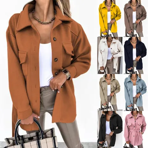 Damen Eleganter Wollmantel mit Revers und Bindegürtel Herbst Winter Langarm Einfarbig Warmer Polyester Trenchcoat Jacke