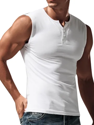 Men's Casual Sleeveless Henley Neck Tank Top Slim Fit Athletic Sporty Summer Solid Color Button Decorated Top