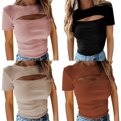 Damen Sexy Brust Ausschnitt Rippstrick T-Shirt Schmale Passform Gestricktes Rundhals Top Kurzarm Langarm Einfarbig Mode Bekleidung
